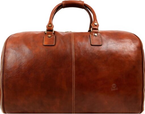 Leather Garment Bag Travel Duffel Bag for Suits and Dresses Carry-on Suitcase for Clothes Protection – Time Resistance (Cognac)