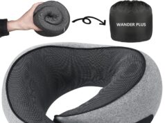 WANDER PLUS® Genuine Travel Pillow, 100% Pure Memory Foam Neck Pillow for Airplanes, Comfortable Breathable Cover, 360° Support Stowable Pillows for Sleeping, Car, Airport Travel Essentials, Grey