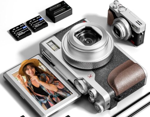 Digital Camera, 56MP Cameras for Photography, 4K Vlogging Camera for YouTube, 180°Flip Screen Digital Point and Shoot Camera with 16X Zoom, Compact Camera for Beginner with 32GB SD Card(2 Batteries)