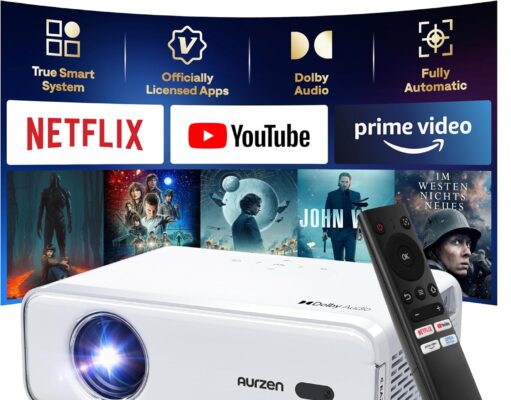 EAZZE D1 Smart Projector with WiFi and Bluetooth, Netflix-Officially-Licensed, Auto Focus & Keystone, DoIby Audio, Zoom, Native 1080P Movie, Portable Outdoor Mini Projector, White