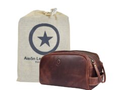 10″ Premium Leather Toiletry Travel Pouch With Waterproof Lining | King-Size Handcrafted Vintage Dopp – Kit By Aaron Leather Goods (Dark Brown)