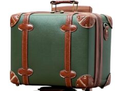NZBZ Vintage Luggage Sets of 2, Vintage Suitcase Set for Women, Retro Luggage with Boarding Tote, Handmade Faux Leather Zipper Luggage TSA Approved (Green, 14inch & 28inch)