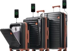 Merax Luggage, Hardside Suit case with Front Pocket Cup Holder and USB Port, Black, 3-Piece Set