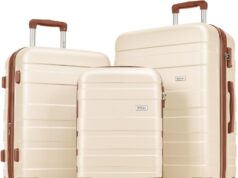 Merax 3 Piece ABS Hardshell Luggage Sets Spinner Wheel Suitcase TSA Lock Suit Case, Ivory/Brown, 20/24/28 Inch