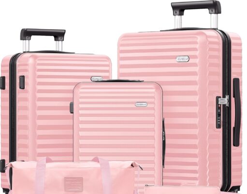 SHOWKOO Luggage Sets 3 Piece Hardside Expandable Suitcase with Double Spinner Wheels Tsa Lock, (Pink, 5 piece set)