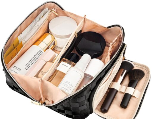 stona Travel Makeup Bag for Women, Large Capacity PU Leather Waterproof Checkered Cosmetic Bags, Portable Pouch Open Flat Toiletry Bag, Make up Organizer with Divider and Handle, Black