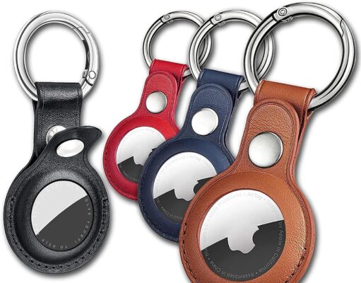 Eusty Air Tag Keychain for Apple Airtags Holder, 4 Pack Protective Leather Case Tracker Cover with Airtag Key Ring Compatible New AirTag Dog Collar (Multi-Color)