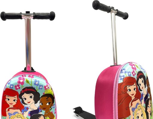 Disney Princess Kids 19” Suitcase Scooter – Boys and Girls Magical Carry-on Luggage with LED Light Up Wheels, Waterproof Hard Shell, Retractable Handle, and Lightweight Foldable Ride-On Travel Bag