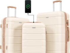 Merax 3 Pcs ABS Hardside Luggage Sets Expandable Spinner Wheel Suitcases Cup Holder, Pearly White, 20/24/28 Inch