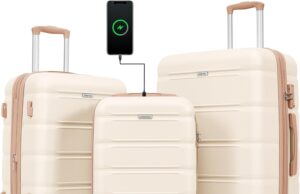 Merax 3 Pcs ABS Hardside Luggage Sets Expandable Spinner Wheel Suitcases Cup Holder, Pearly White, 20/24/28 Inch