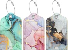 Rimilak 3 Pcs PU Leather Luggage Tags for Suitcase, Travel Cruise Luggage Tag with Privacy Flap, Name ID Label and Metal Loop for Women Men Baggage Handbag School Bag Backpack, Sunset Marble