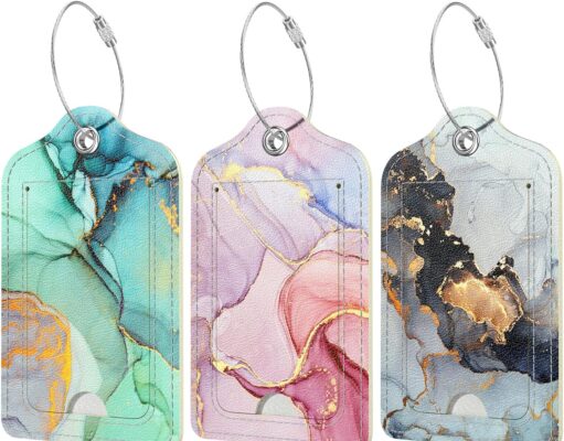 Rimilak 3 Pcs PU Leather Luggage Tags for Suitcase, Travel Cruise Luggage Tag with Privacy Flap, Name ID Label and Metal Loop for Women Men Baggage Handbag School Bag Backpack, Sunset Marble
