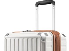 LUGGEX Carry On Luggage 22x14x9 Airline Approved – PC Expandable Hard Shell Suitcases with Spinner Wheels (White-Brown, 20 Inch)