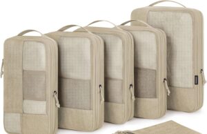 BAGSMART Compression Packing Cubes for Travel, 6 Set Travel Packing Cubes for Carry on Suitcases, Compression Travel Cubes & Suitcase Organizer for Packing with Shoe Bag Khaki