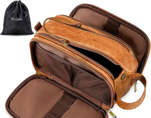 Elviros Travel Toiletry Bag for Men,Large Shaving Dopp Kit Water-resistant Bathroom Toiletries Organizer PU Leather Cosmetic Bags