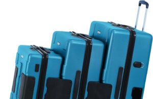 Tach V3.1 Hard Shell 3 Piece Luggage Set – 22, 24 & 28 inch Luggage | Carry On, Medium & Large Checked Suitcases | Patented Built-In Connecting System | Rolling Suitcase Links 6 Bags (Blue)