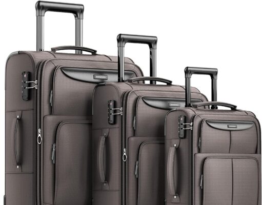 SHOWKOO Luggage Sets 3 Piece Softside Expandable Lightweight Durable Suitcase Sets Double Spinner Wheels TSA Lock Light Coffee (20in/24in/28in)