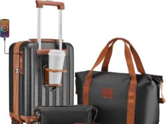 imiomo Carry on Luggage 18 Inch Suitcases with Wheels, Expandable Carry on Suitcase with USB Port and Cup Holder, Hardside Travel Luggage Set with TSA Lock, Black Brown