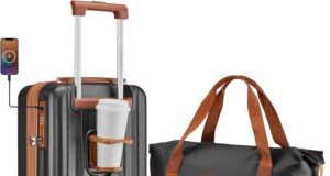 imiomo Carry on Luggage 18 Inch Suitcases with Wheels, Expandable Carry on Suitcase with USB Port and Cup Holder, Hardside Travel Luggage Set with TSA Lock, Black Brown