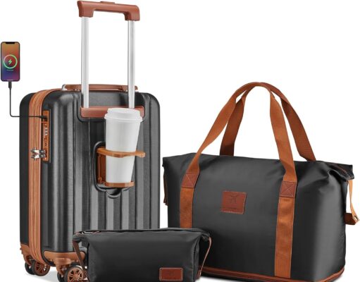 imiomo Carry on Luggage 18 Inch Suitcases with Wheels, Expandable Carry on Suitcase with USB Port and Cup Holder, Hardside Travel Luggage Set with TSA Lock, Black Brown