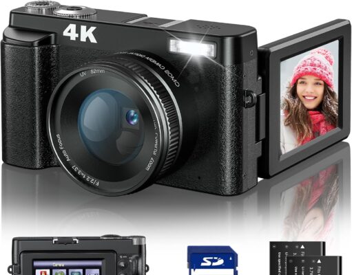 4K Digital Camera for Photography and Video Autofocus Anti-Shake, 48MP Vlogging Camera with SD Card, 3” 180° Flip Screen Compact Camera with Flash, 16X Digital Zoom Travel Camera (2 Batteries)
