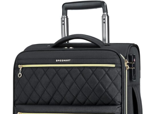 BAGSMART Underseater Carry On Luggage Airline Approved with Spinner Wheels, 16 Inch Luggage with TSA Lock, Overnight Rolling Softside Suitcases for Women, Black