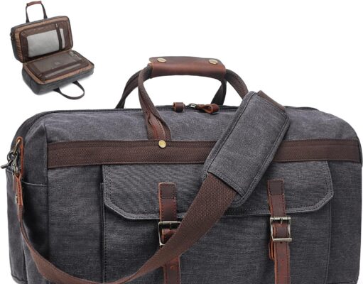 Duffle Bag for Men Waterproof Genuine Leather Canvas Travel Duffel Bags for Women Overnight Weekender Bag for Traveling, Black