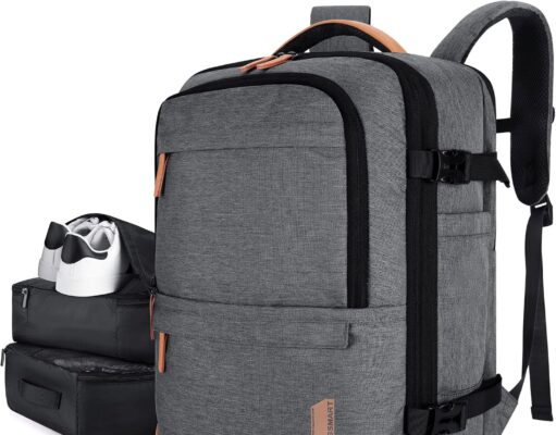 BAGSMART Compression Travel Backpack, 40L Expandable Airline Approved Carry On Backpack with Packing Cubes, Water Resistant Weekender Backpack Fits 17 Inch laptop, Luggage Daypack with Shoe Bag, Grey