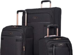 kensie Hudson Softside Spinner Luggage, Black with Rose Gold, 3-Piece Set (16/20/28)