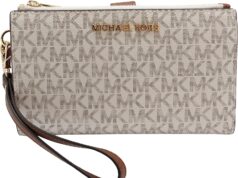 Michael Kors Jet Set Travel Double Zip Wristlet – Signature PVC (Vanilla PVC/Dark Acorn)