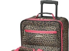 Rockland Fashion Softside Upright Luggage Set, Expandable,Lightweight,Telescopic Handle,Wheel, Pink Leopard, 2-Piece (14/19)
