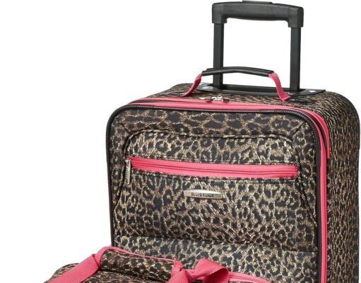 Rockland Fashion Softside Upright Luggage Set, Expandable,Lightweight,Telescopic Handle,Wheel, Pink Leopard, 2-Piece (14/19)