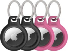 Belkin Apple AirTag Secure Holder with Key Ring – Scratch-Resistant Case with Open Face & Raised Edges – Protective AirTag Keychain Accessory for Keys, Pets, Luggage, & More – Black/Pink (4-Pack)