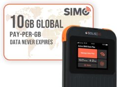 SIMO Solis 5G WiFi Mobile Hotspot + 10GB Global Data, Local and International Coverage Router, Multi-Carrier Access, No Contract or SIM Card Required, 16 Connected Devices, 1GB/Month Lifetime Data