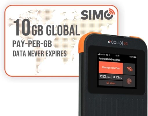 SIMO Solis 5G WiFi Mobile Hotspot + 10GB Global Data, Local and International Coverage Router, Multi-Carrier Access, No Contract or SIM Card Required, 16 Connected Devices, 1GB/Month Lifetime Data