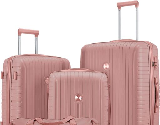 Joyway Luggage Sets 5 Piece Suitcase Set, PP Hardshell Carry on Suitcase Set, Travel Suitcases with Double Spinner Wheels and TSA Lock, Rose Gold