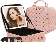 Travel Makeup Bag With 360° rotating LED Mirror,Waterproof cosmetic organizer,Portability Cosmetic case,Makeup organizer,Gift for Women,Girls Gift (Pink)