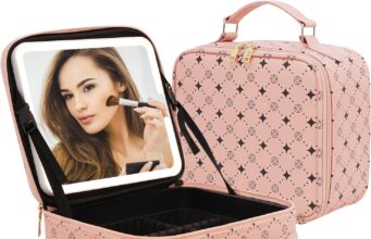 Travel Makeup Bag With 360° rotating LED Mirror,Waterproof cosmetic organizer,Portability Cosmetic case,Makeup organizer,Gift for Women,Girls Gift (Pink)