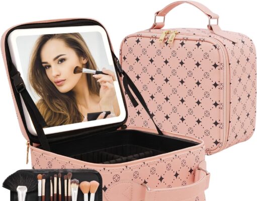 Travel Makeup Bag With 360° rotating LED Mirror,Waterproof cosmetic organizer,Portability Cosmetic case,Makeup organizer,Gift for Women,Girls Gift (Pink)