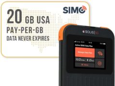 SIMO Solis 5G WiFi Mobile Hotspot + 20GB US Data Card, Local and International Coverage Router, Multi-Carrier Access, No Contract or SIM Card Required, 16 Connected Devices, 1GB/Month Lifetime Data
