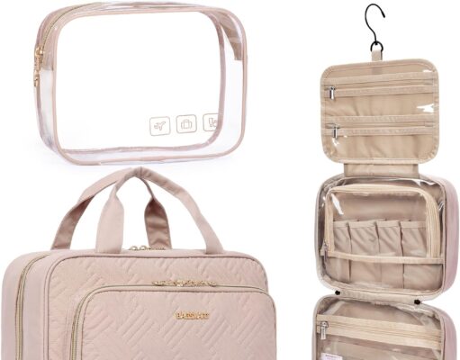 BAGSMART Toiletry Bag Hanging Travel Makeup Organizer with TSA Approved Transparent Cosmetic Bag Makeup Bag for Full Sized Toiletries, Medium-Pink