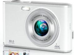 4K Digital Camera, 48MP Autofocus Kids Camera Selfie with Front and Rear Dual Lenses, 32GB Card, 2 Batteries, 16X Digital Zoom, Compact Travel Vlogging Video Camera Gift for Kid Teen Beginner(White)