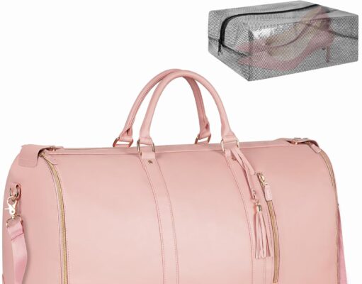 Ytonet Carry On Garment Bag, Large PU Leather Garment Duffle Bag for Women, Waterproof Convertible Garment Bags for Travel with Shoe Pouch, 2 in 1 Hanging Suitcase Dress Suit Travel Bags, Pink
