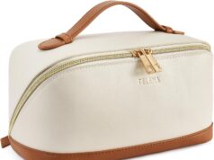 Telena Makeup Bag Large Capacity Travel Cosmetic Bag Portable PU Leather Water Resistant Makeup Organizer Bags for Women with Handle and Divider Open Flat Beige with Brown