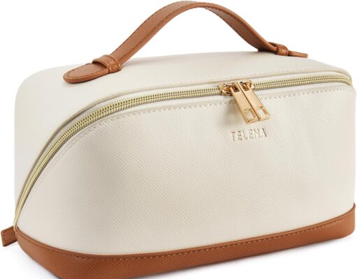 Telena Makeup Bag Large Capacity Travel Cosmetic Bag Portable PU Leather Water Resistant Makeup Organizer Bags for Women with Handle and Divider Open Flat Beige with Brown