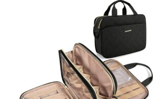 BAGSMART Toiletry Bag for Women, Large Toiletry Bag Water-resistant Makeup Cosmetic Organizer Bag Door Room Essentials for Accessories, Shampoo, Full Sized Container, Toiletries (Medium, Black)