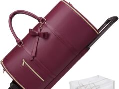 Rolling Garment Bags For Travel, Luxury Duffel Bag with Wheels,3-in-1 Suit Luggage Bag for Women Business Trip & Travel With Shoe Pouch, Foldable PU Leather Carry On Garment Bag, Red