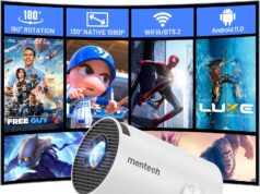 Mini Projector with WiFi and Bluetooth, 180° Rotatable Portable Projector, 130″ Smart Projector with Android TV 11.0, 1080P Support 4K Decoding, 2.4G/5G WiFi6, Auto Keyston for Home Theater, White